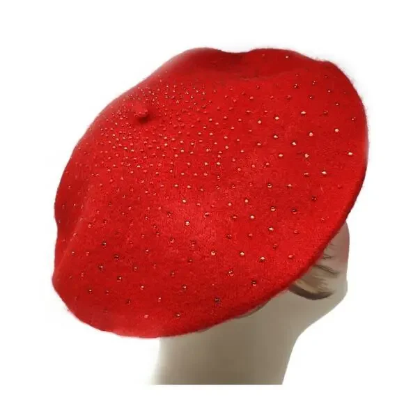 Red Beaded Beret Wool Blend Vintage Inspired Classic Style Hat w Beads - Hey Viv - Picture 3 of 4